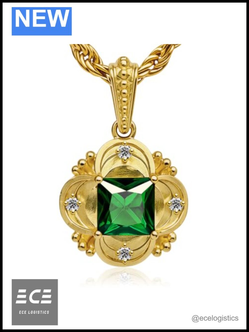 18K Gold Vermeil Emerald Pendant Necklace Lab Grown Diamond